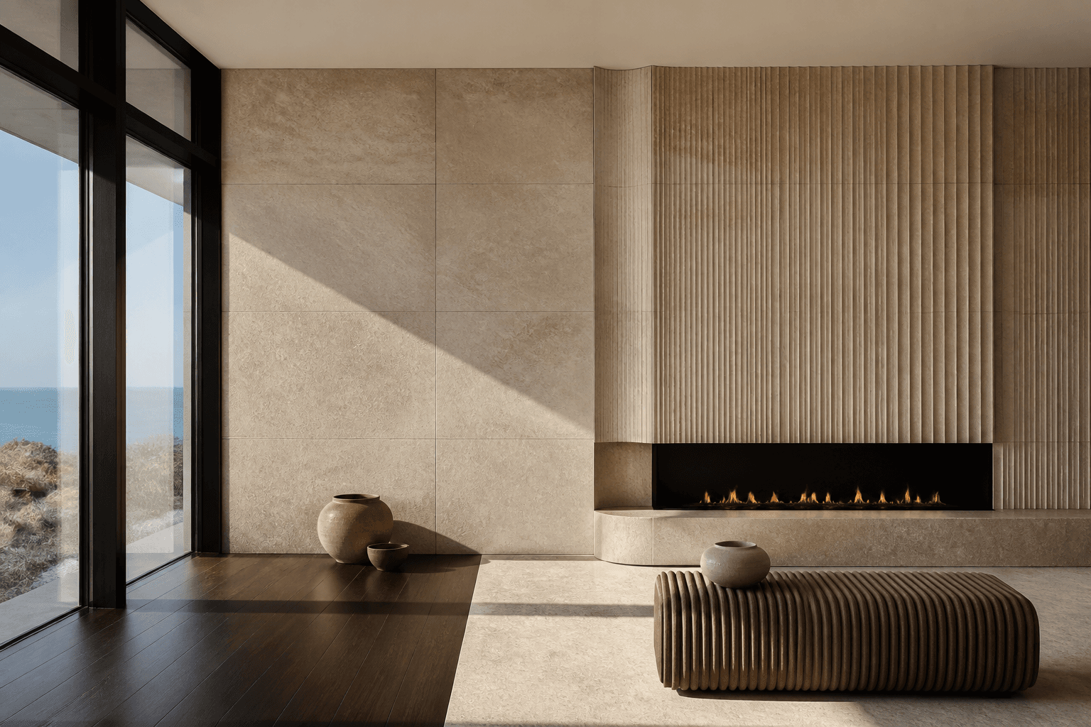 Interior de lujo con piedra natural y chimenea lineal en Benalmádena